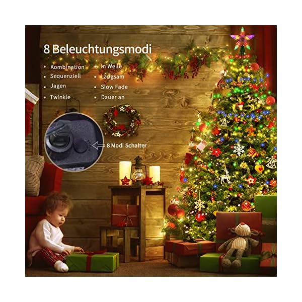 AKASUKI ,1.3M 626 LEDs Weihnachtsbaum-Überwurf-Lichterkette mit LED Sterne, Innen mit 8 Leuchtmodis, Wasserdicht… – Bild 5