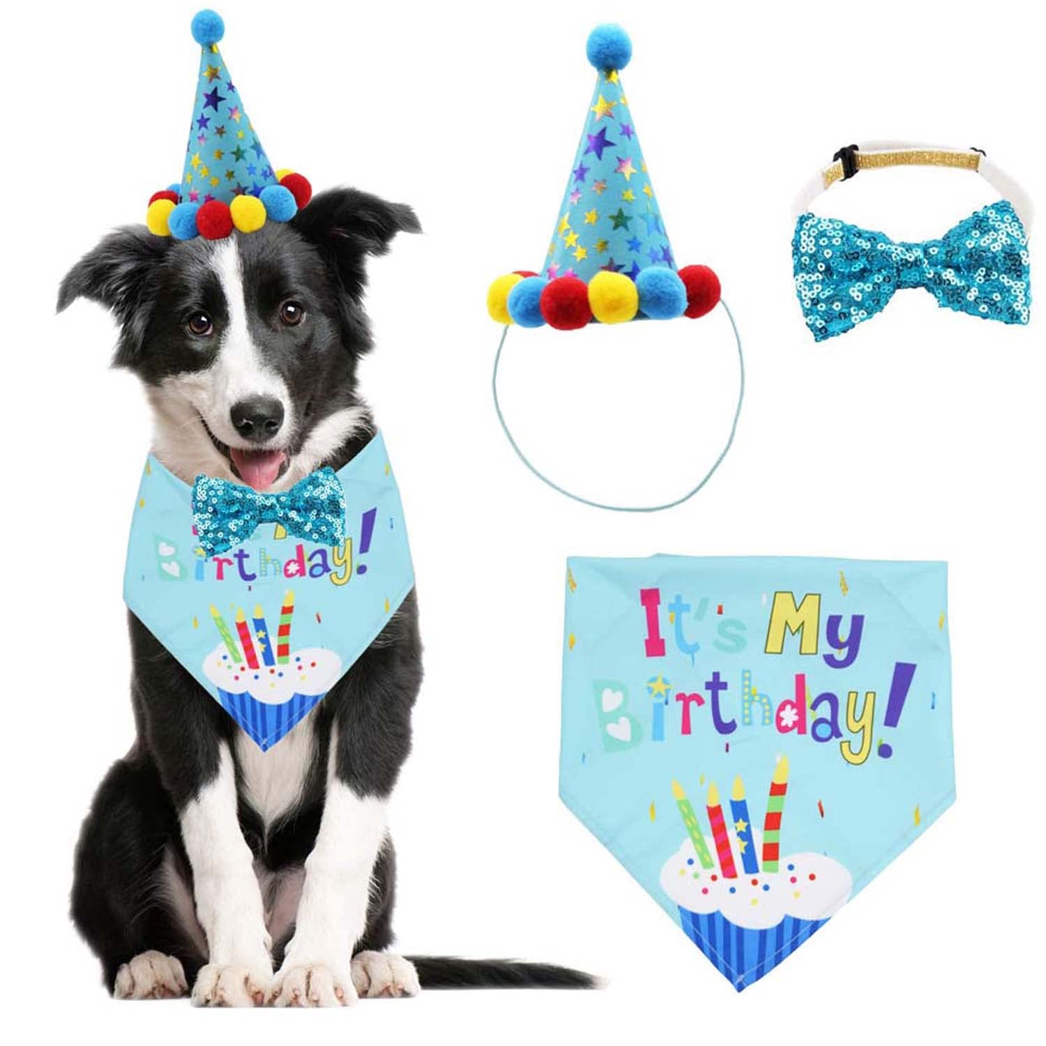 Hunde-Geburtstagsparty-Zubehör Set – Mit Halstuch, Krone, Hut, Banner & Ballon