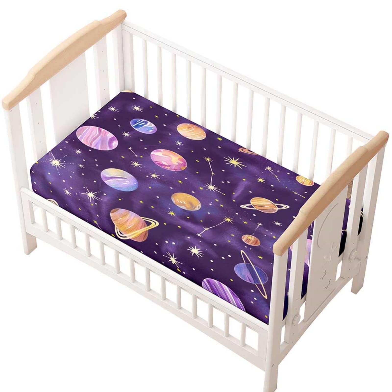 Odot Cot Bed Fitted Sheet, Moses Basket Fitted Sheet 3D Cartoon Planet Pattern Soft Microfibre Crib Bedsheets Bassinet Bedsheet Mattress Protector for Kids Boy Girl (Purple Planet,80x160cm)