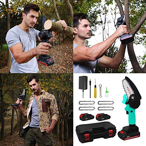 Mini Chainsaw Set Cordless Electric Protable Chainsaw with 4 Chain and Splash Board 0.7kg Lightweight Pruning Shears Chainsaw for Garden Tree Branch Wood Cutting(4-Inch 24V 550W),Mini Chainsaw red