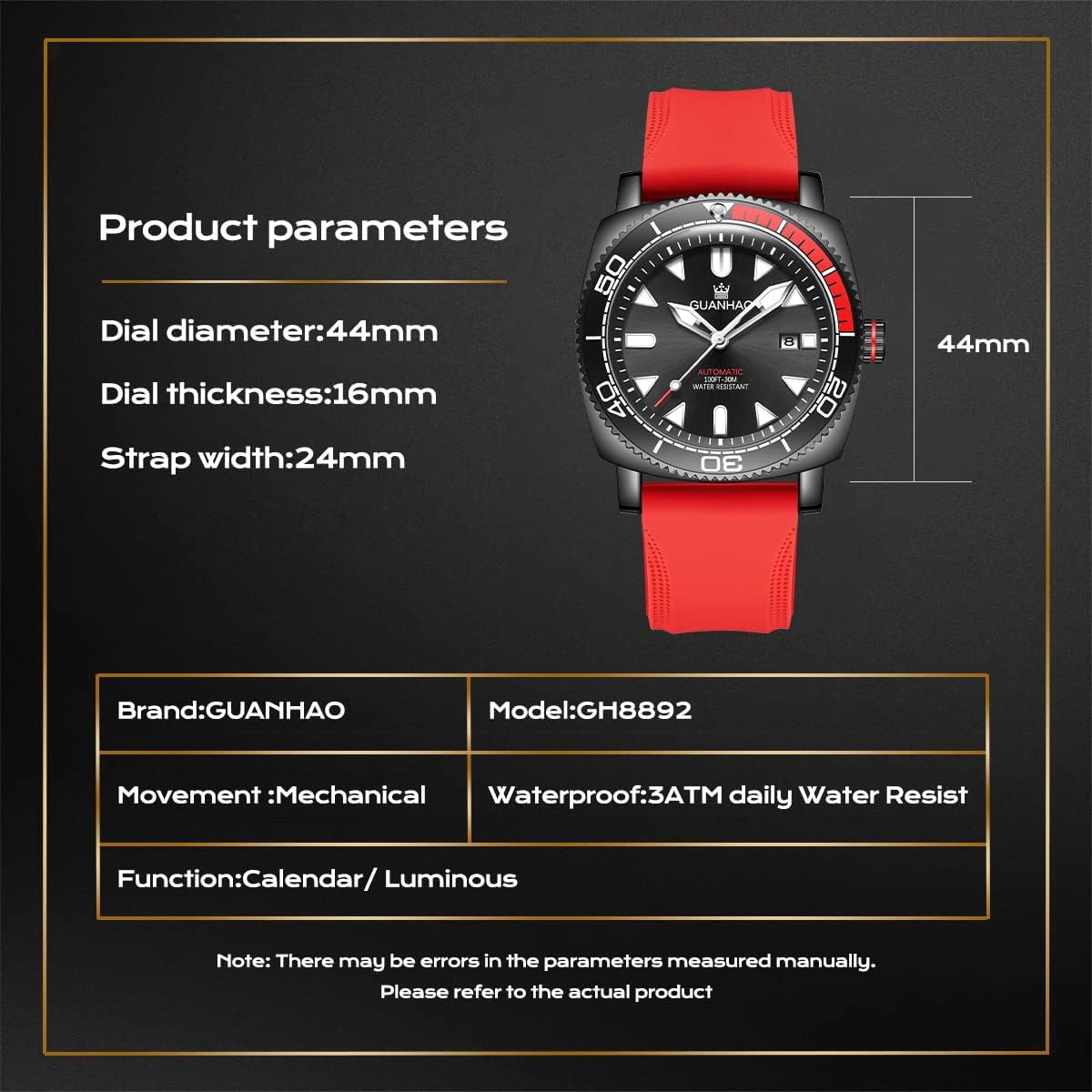 Red Mechanical Watch for Men, Sports Automatic Watches with Silicone Band Waterproof Luminous Calendar Stainless Steel Fashion Wristwatches Black Dial
