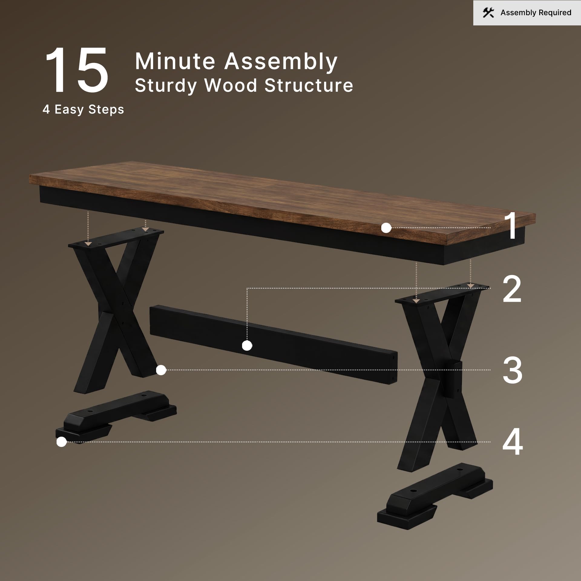 Signature Design by Ashley 1-Piece Wood Dining Bench, 48" 2-Tone Farmhouse | Sturdy solid wood frame with mango veneer and MDF substrate seat, Space-saving 48-inch profile, Wildenauer Series