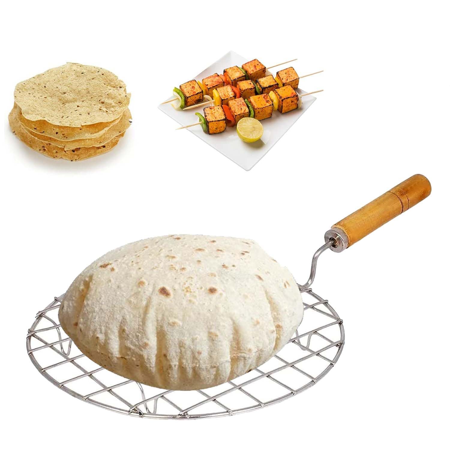Stainless Steel Round Shape Wire Roaster Rack, Papad Jali, Roti Grill with Wooden Handle/Easter Day Gift, Mothers Day for BBQ, Campfire, Outdoor Cooking and Roasting-image-15