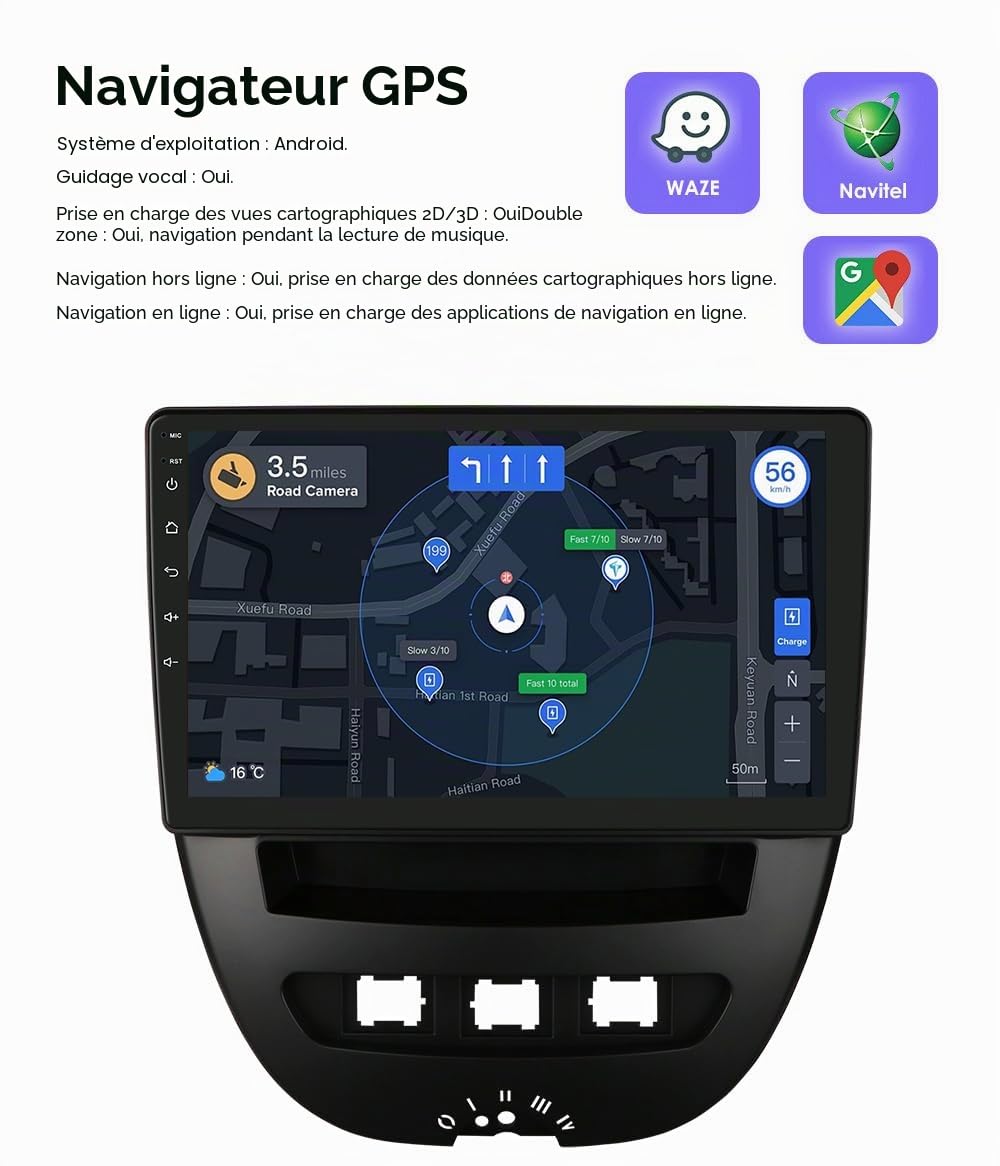 Autoradio Android 13 10,1" avec écran tactile 4 cœurs pour Peugeot 107/Toyota Aygo/Citroën C1 2005-2014 WiFi CarPlay/Android Auto Bluetooth 4G SWC GPS RDS 2 Go + 64 Go
