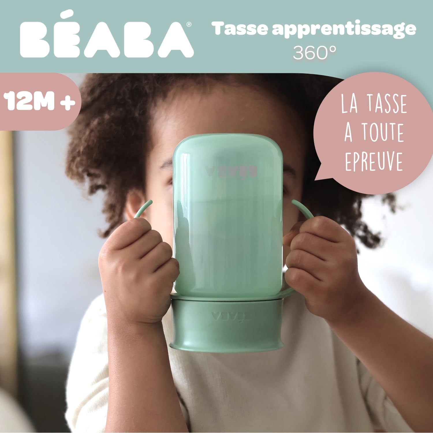 BÉABA, Tasse d'Apprentissage 360° avec Disque Anti-Goutte, Système Breveté Anti-Fuite, à partir de 12 Mois, Anses Amovibles, avec Couvercle hygiénique, Solide et Légère, 340 ml, Vert Sauge