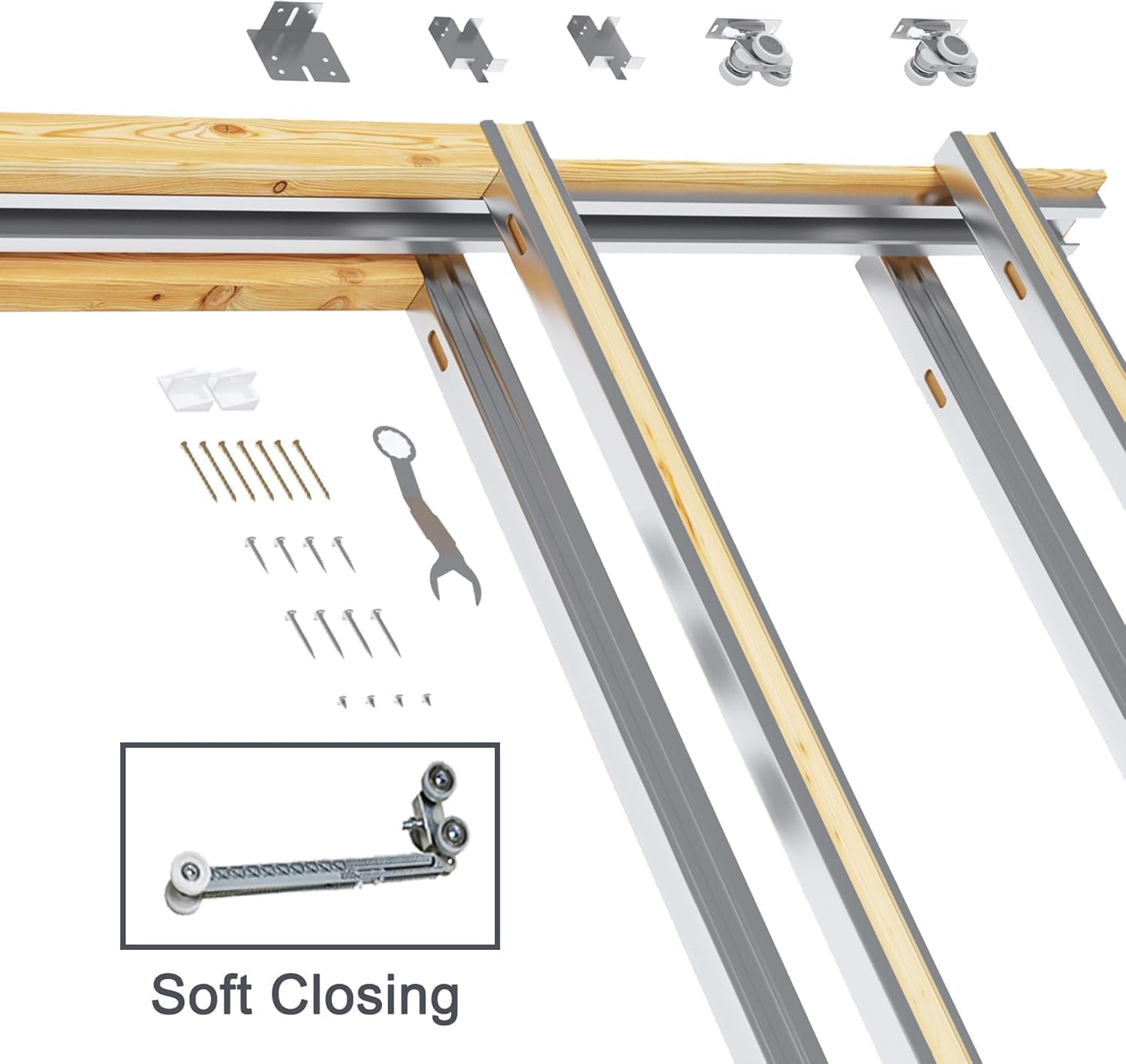 Soft-Close Sliding Pocket Door 56" x 80", 10-Lite Tempered Clear Glass Door Slab with Hardware Kit&Pocket Doors Frame, Interior Sliding Doors for 2x4 Stud, Paintable&Pre-Finished