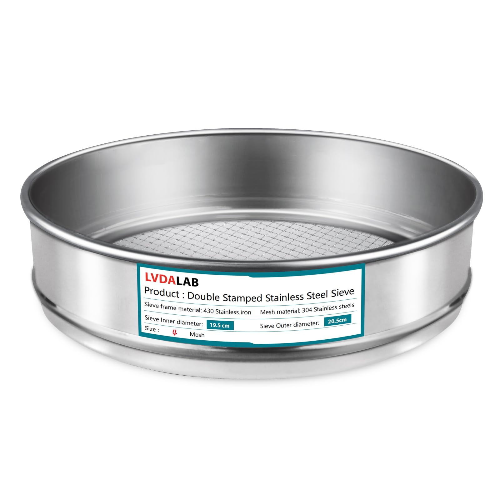 LVDALAB 304 Stainless Steel Mesh Lab Sieve, 10-300 Mesh Aperture Test Sieve, 7.9Inch(20cm) Diameter Economy Standard Analysis Sample Test Sieves for Industrial Laboratory Homes (4mesh(Ф7.9in/20cm))