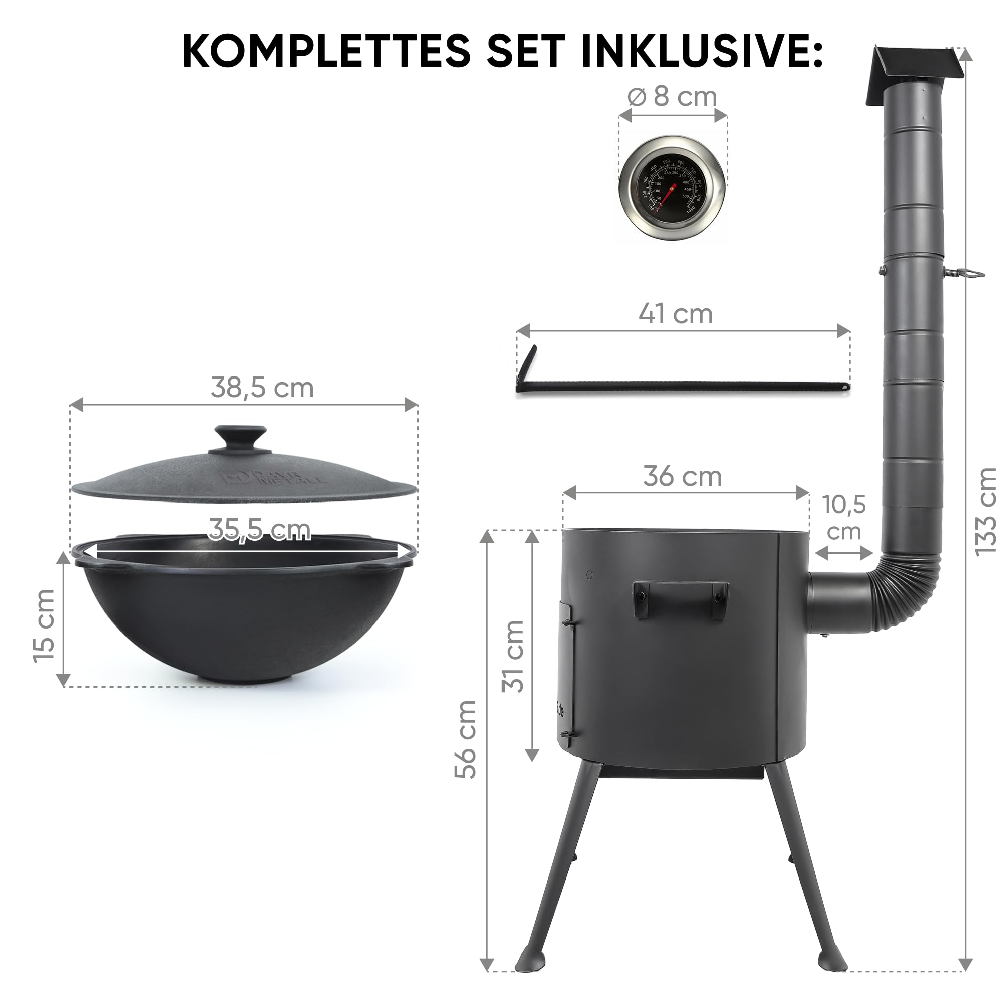 Utschak Uchag Feuerofen Ø 36 cm 2 mm Stahl mit Usbekische Kazan 10 L flacher Boden Thermometer Казан Учаг Kasan Asia (Set 1)
