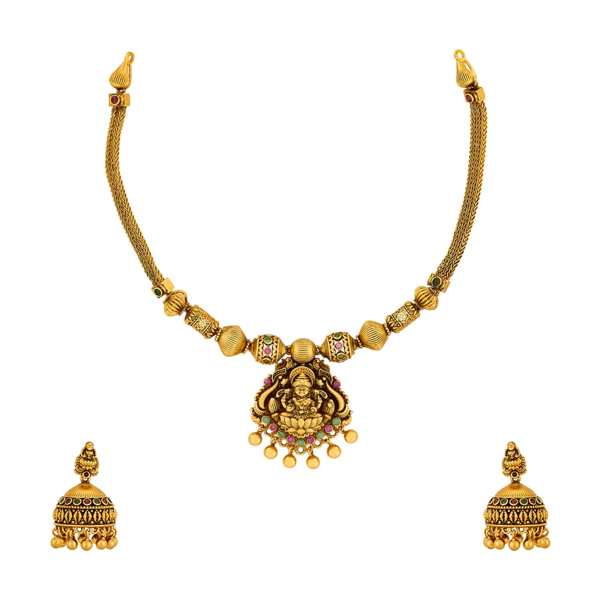 kushal's Fashion Jewellery Ruby-Green Gold Plated Antique Necklace Set with Jhumka Earrings for Women | Adjustable Chain | Festive & Occasion Wear - 469892-picture-40