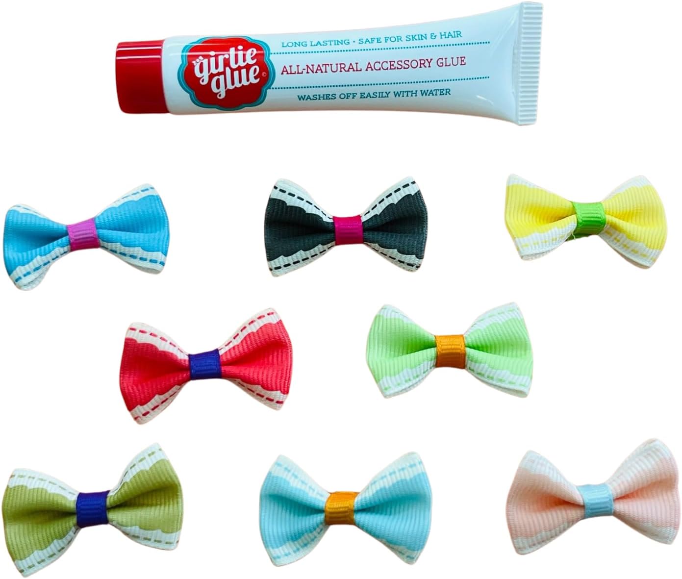 Girlie Glue Adhesive and 8 Vintage Style Bows, Skin, Hair, Babies, Pets, Costumes, Jewels. Non-Toxic, Long-Lasting.