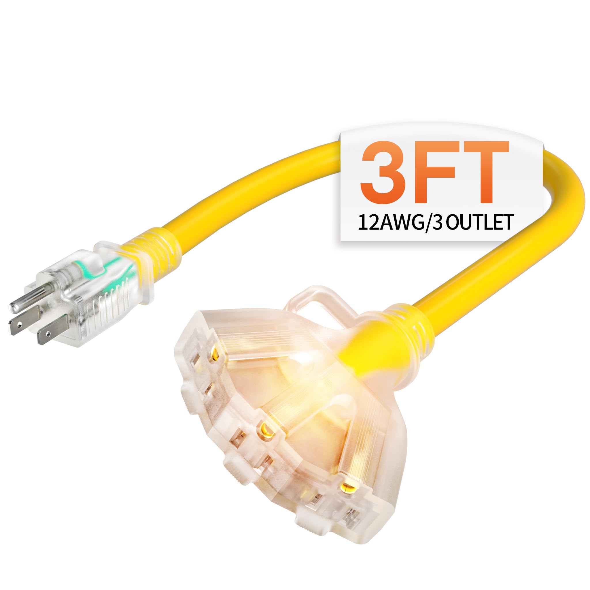 Deeklify 3 ft 12 Gauge Heavy Duty 3 Outlet Extension Cord Splitter