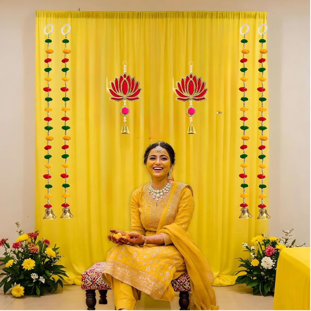 Floroom Yellow Net for Decoration with Lotus Hangings - Haldi Decor Items for Home, Pooja Decoration, Haldi Decoration Kit, Wedding, Festive Decor