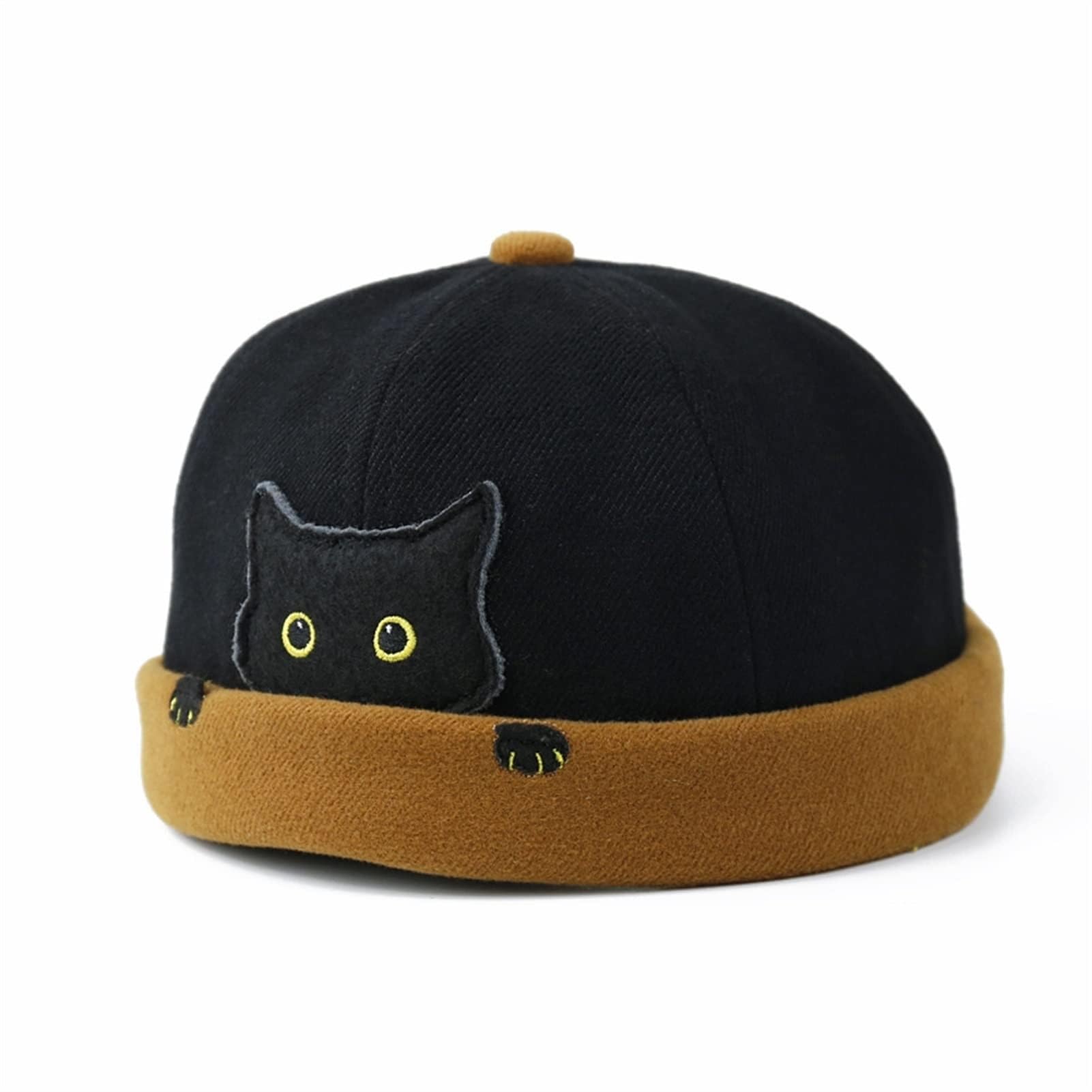Casquette melon sans visière ajustable taille 52 noire avec broderie chat