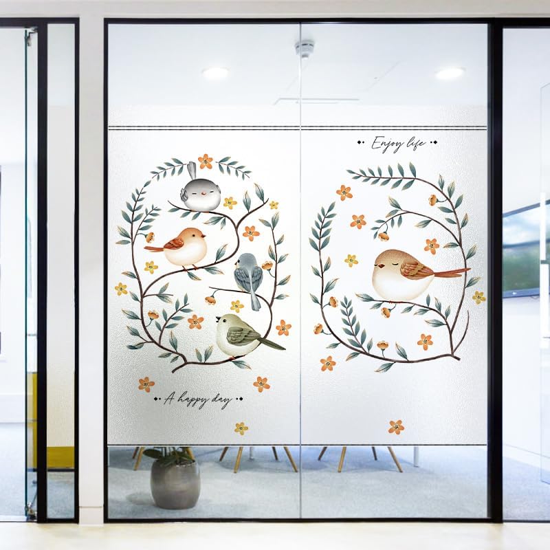 Blue Leaves Orange Privacy Film for Glass Windows Opaque Window Film Stained Glass Window Film