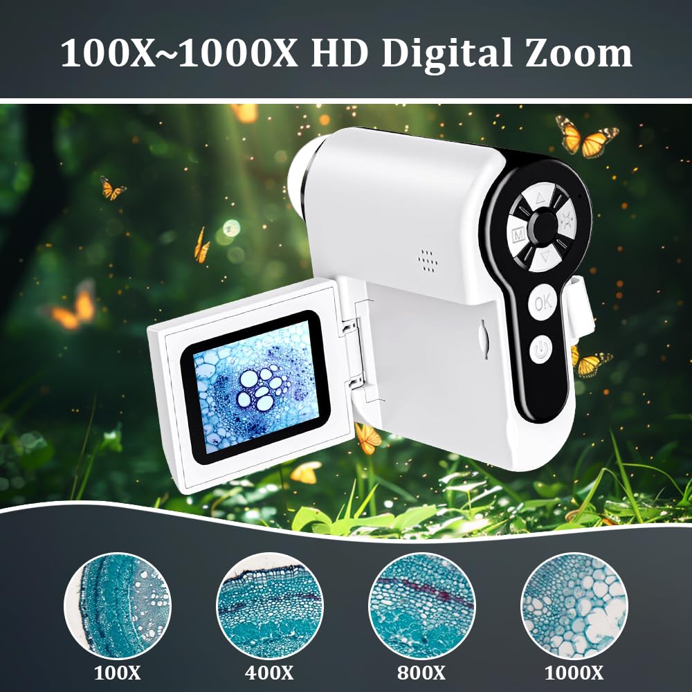 Microscopio Digital de Bolsillo para Niños, 1080P Microscopio USB de Mano con 6 Portaobjetos, Mini Microscopio para Niños Estudiantes Adultos Laboratorio,Vista de PC