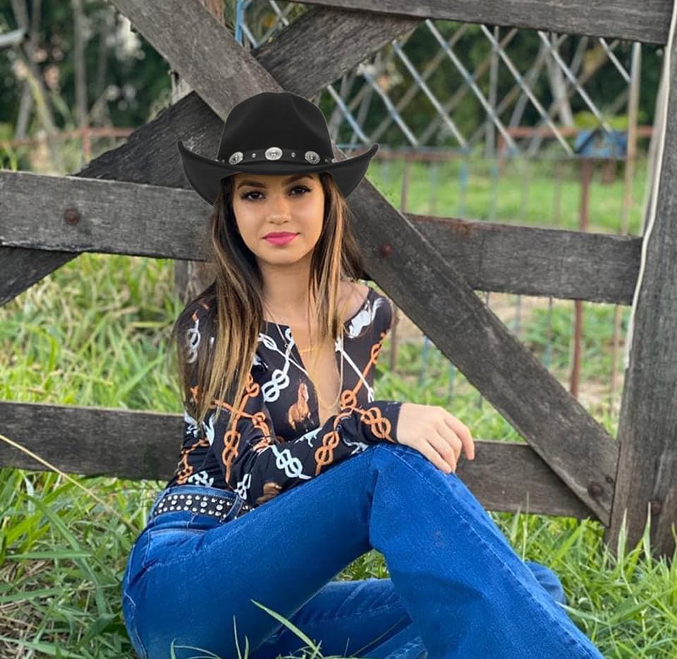 Image of Women-Classic-Western-Cowboy-Shapeable-Hat - Men-Roll-Up-Wide-Brim-Felt-Fedora-Hats-Cowgirl-Hat with Belt Buckle(M-L)