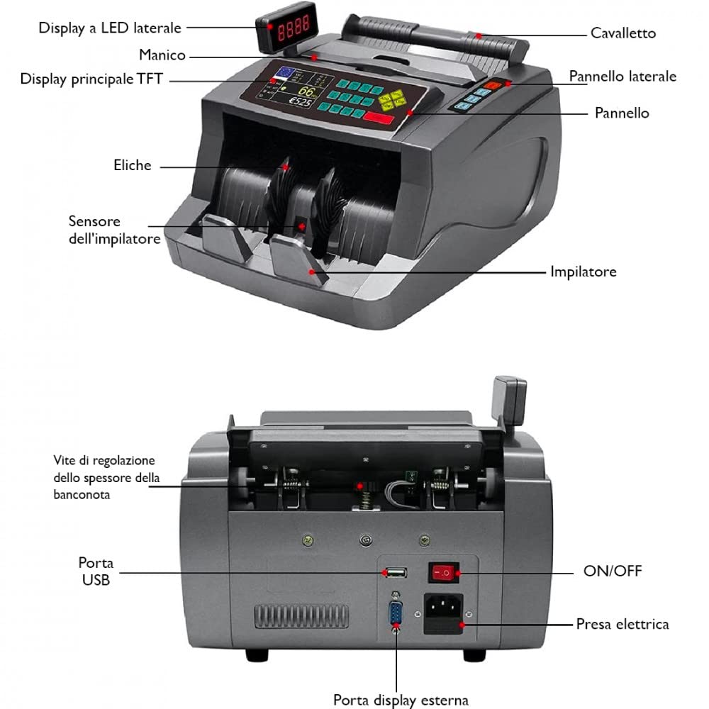 Mediawave Store - Macchina Conta Banconote Automatico, Multi Valuta, Rivelatore di Banconote False, Conteggio da 800 a 1200 Banconote al minuto, Conta Denaro con Display