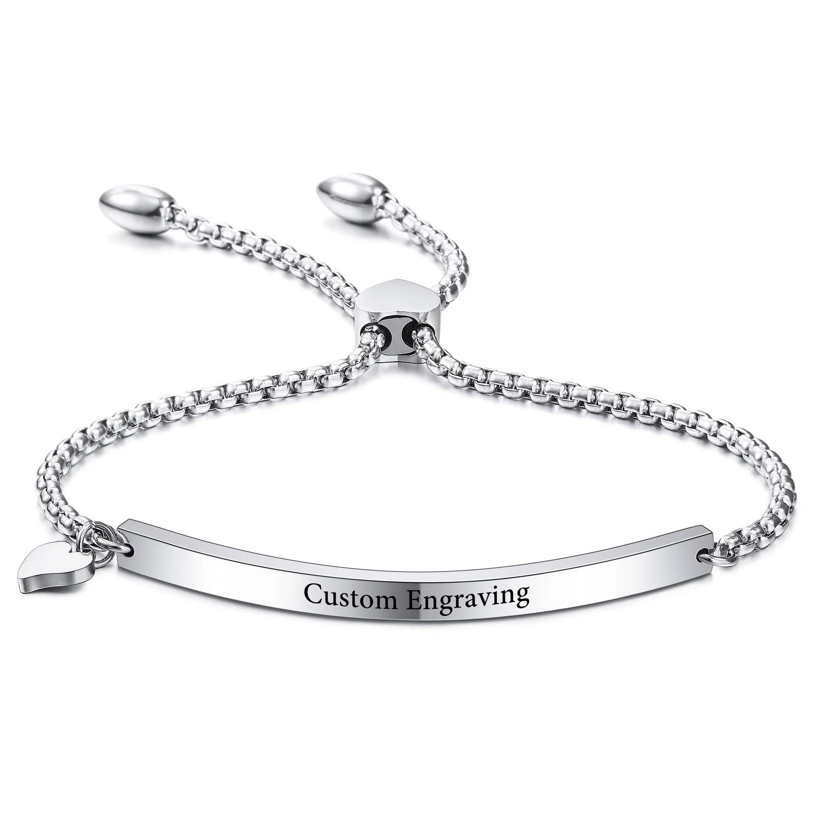 INBLUE Personalized Bracelet Engraving Name Date for Women Custom Stainless Steel Bangle with Adjustable Link Chain Heart Tag Bridesmaid Best Friend