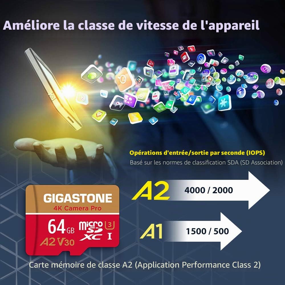 Gigastone Carte Mémoire 64 Go 4K Caméra Pro, Compatible avec GoPro Drone Switch, Vitesse 95 Mo/s. pour 4K Vidéo, A2 U3 V30 Carte Micro SDXC avec Adaptateur SD.