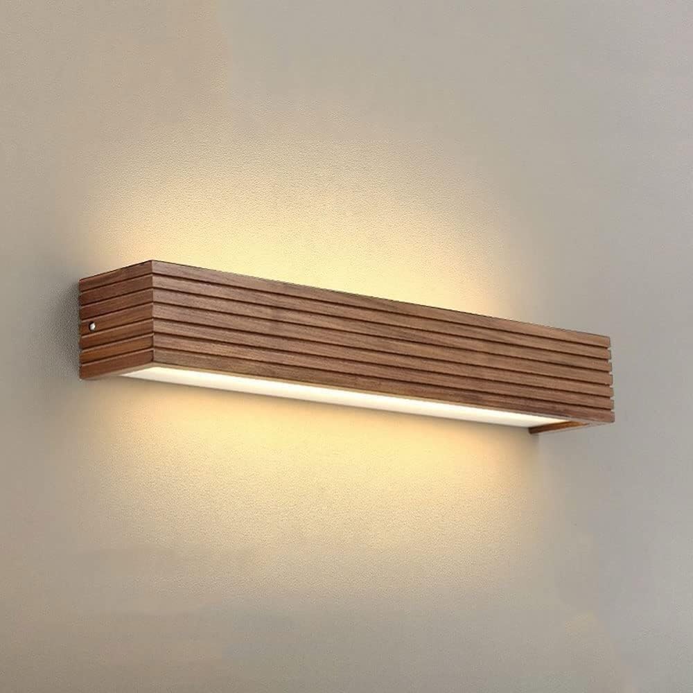 Hertl Nordic Classical Rustic Long Wood Wall Sconce Walnut Color Vintage Farmhouse Linear LED Wall Lamp Vanity Bathroom Wall Light Bar Over Mirror Up Down Bedside Lighting for Bedroom Living Room(Colo