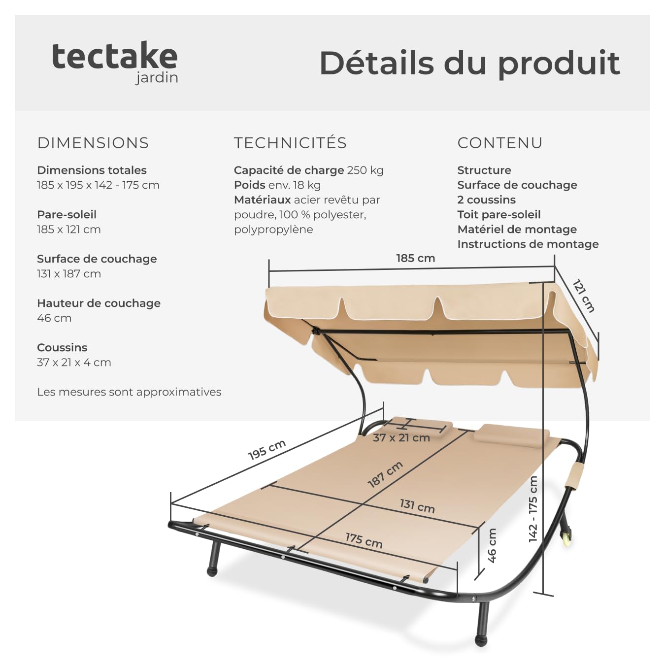 tectake® Bain de Soleil Jardin Exterieur Inclinable 2 Places avec Pare-Soleil Cadre en Acier 2 Coussins Inclus Chaise Longue Transat de Plage Relax Jardin Sun Lounger -Noir/Beige