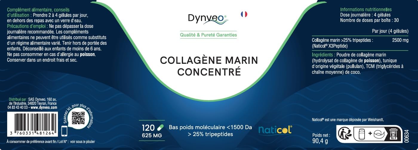 Collagène marin concentré Naticol® - Type 1 - Anti-âge peau, fermeté & hydratation - Résultats visibles dès 1 mois - Assimilation optimale - 120 gélules - 2 à 4 gélules par jour - Dynveo