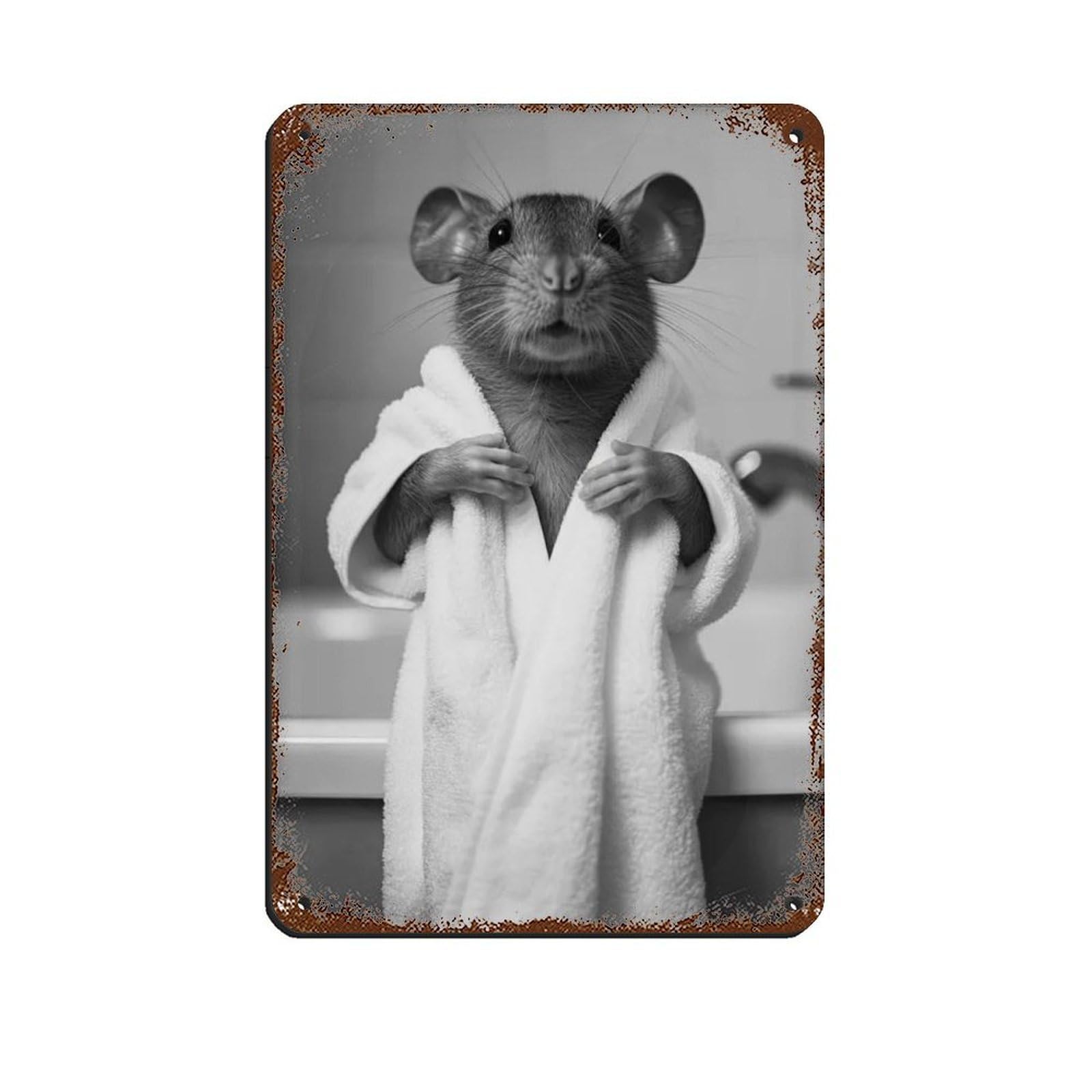 Mouse in A Bathrobe, Funny Bathroom Art Tin Sign Vintage Metal Pub Club Cafe Bar Home Wall Art Decoration Poster Retro 8x12inch(20x30cm)