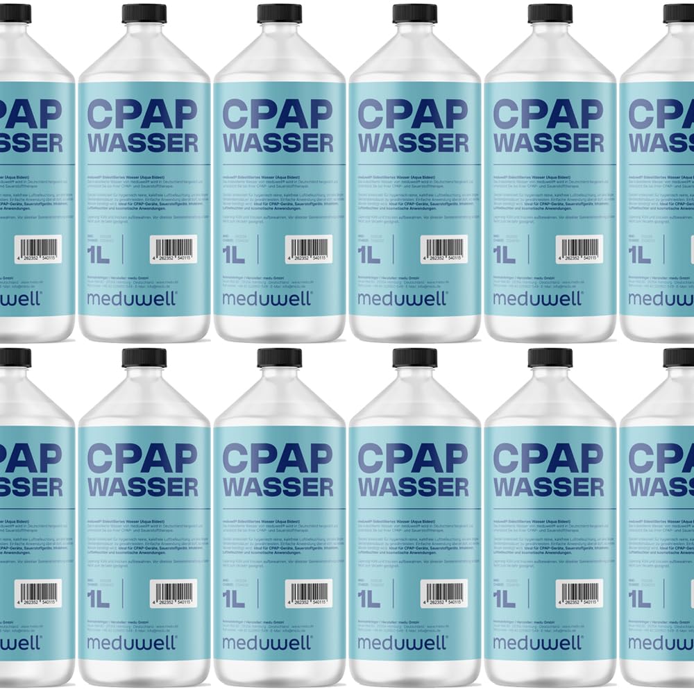 meduwell CPAP Wasser, Bidestilliertes Wasser für Atemtherapie, Sauerstoffgeräte, Inhalatoren, Luftbefeuchter, Kosmetische Anwendungen, 1 Liter (12)
