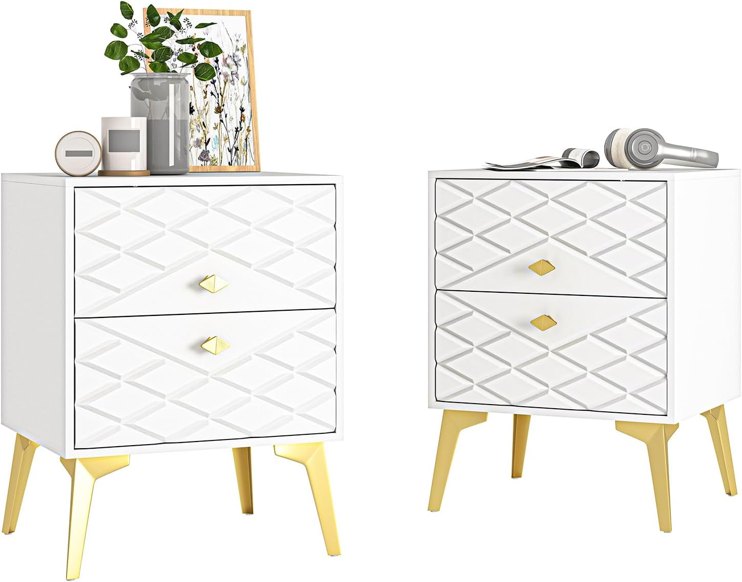 White and Gold Nightstand Set of 2, Bedside Tables with 2 Drawers for Bedroom, Modern End Side Table,Night Stand with Gold Legs for Living Room