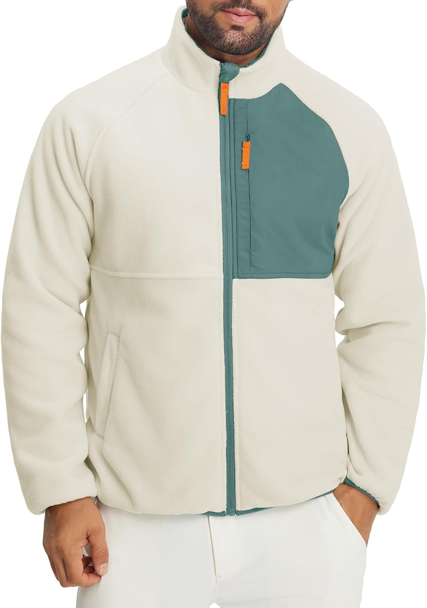 Men's Reversible Fleece Jacket with 5 Pockets Lightweight Zip Up Golf Jackets Winter Warm Casual Coat Windbreaker
