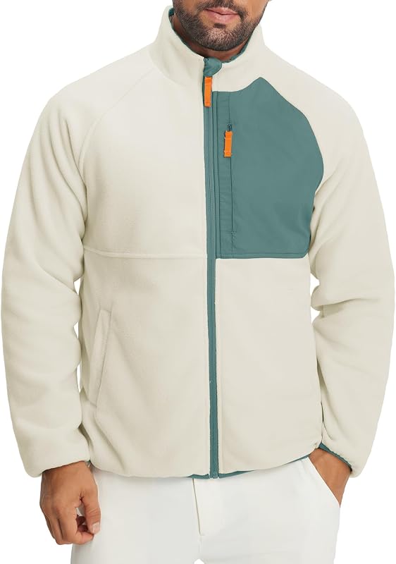 Men's Reversible Fleece Jacket with 5 Pockets Lightweight Zip Up Golf Jackets Winter Warm Casual Coat Windbreaker