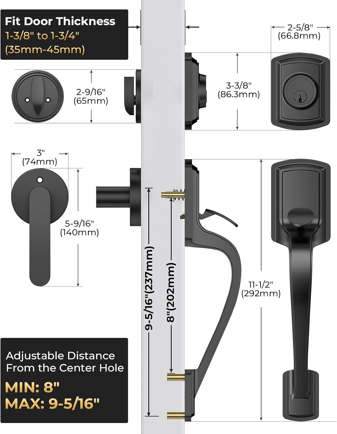 Front Door Handle and Deadbolt Set for Right & Left Handed, Front Door Lock Set with Single Cylinder Deadbolt, Entry Doors Locksets with Modern Exterior Handle, Reversible Lever, Matte Black
