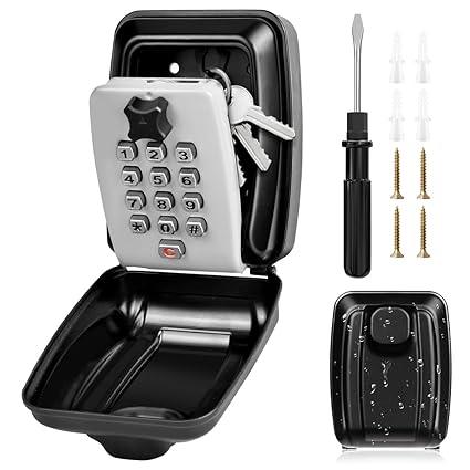 TEUEN Key Lock Box for Outside, Sturdy Waterproof Wall Mount Lock Box for House Key, 12-Digit Combination Resettable Large Capacity Security Lockbox for Home, Garage, Office, Warehouse - Silver