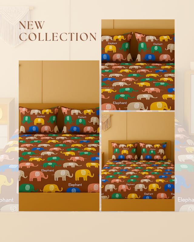 Image of NEW LEAF 320 TC Cotton All Around Elastic Fitted Printed Bedsheets King Size, Premium Fitted Bedsheets King Size for Double Bed with 2 Pillow Covers, Size- 78 inch x 72 inch Brown Elephant