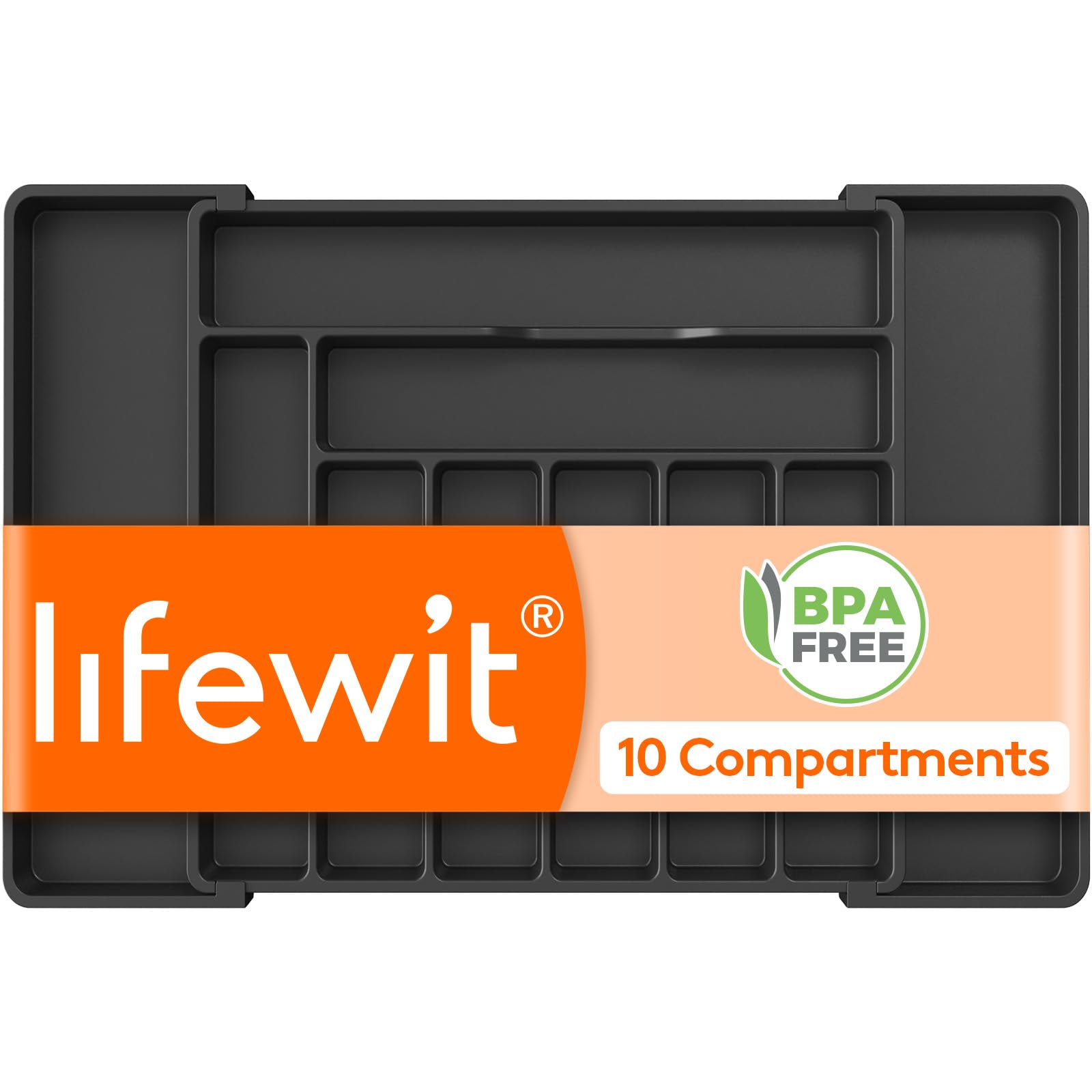 Lifewit Extendable Cutlery Drawer Organiser, Adjustable Cutlery Tray, Utensil Holder for Forks, Spoons, Knives, Plastic Kitchen Organiser and Storage, 9 Compartment, 51-74 x 42cm, Black
