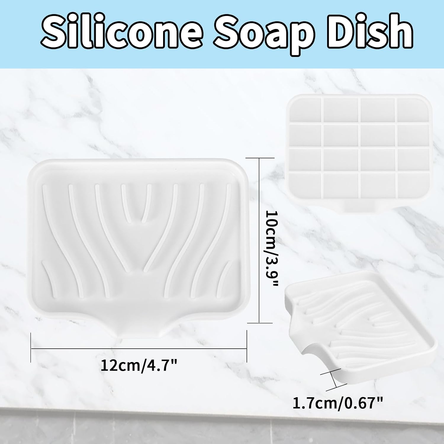 2 Pack Silicone Soap Dish with Drain, Self Draining Bar Soap Holder for Shower, Silicone Dish Soap Tray, Bathroom and Kitchen Sink Organizer, White