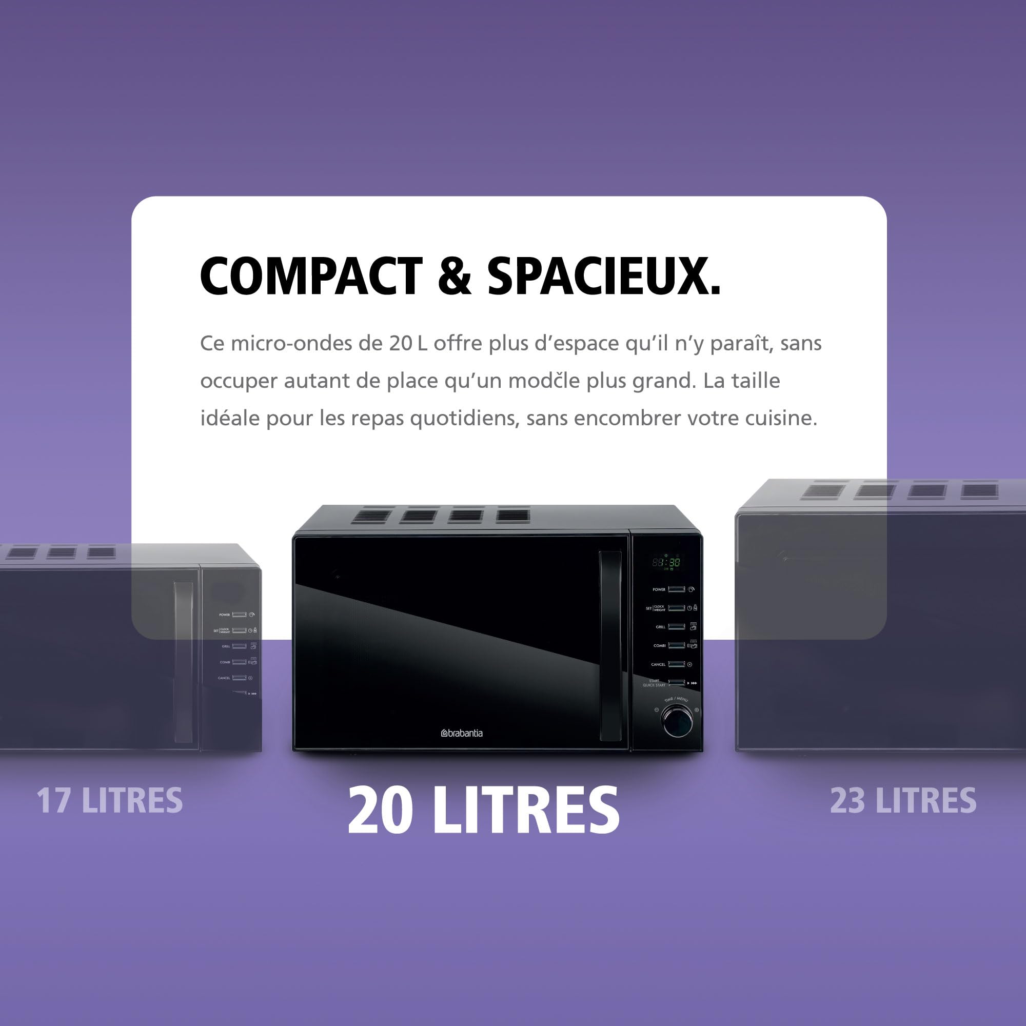 Micro-ondes Brabantia avec Fonction Gril, 20 Litres, Pose Libre, 13 Programmes Automatiques, 6 Niveaux de Puissance, Minuterie Numérique, Grande Capacité, 700W, Noir, BBEK1145DG