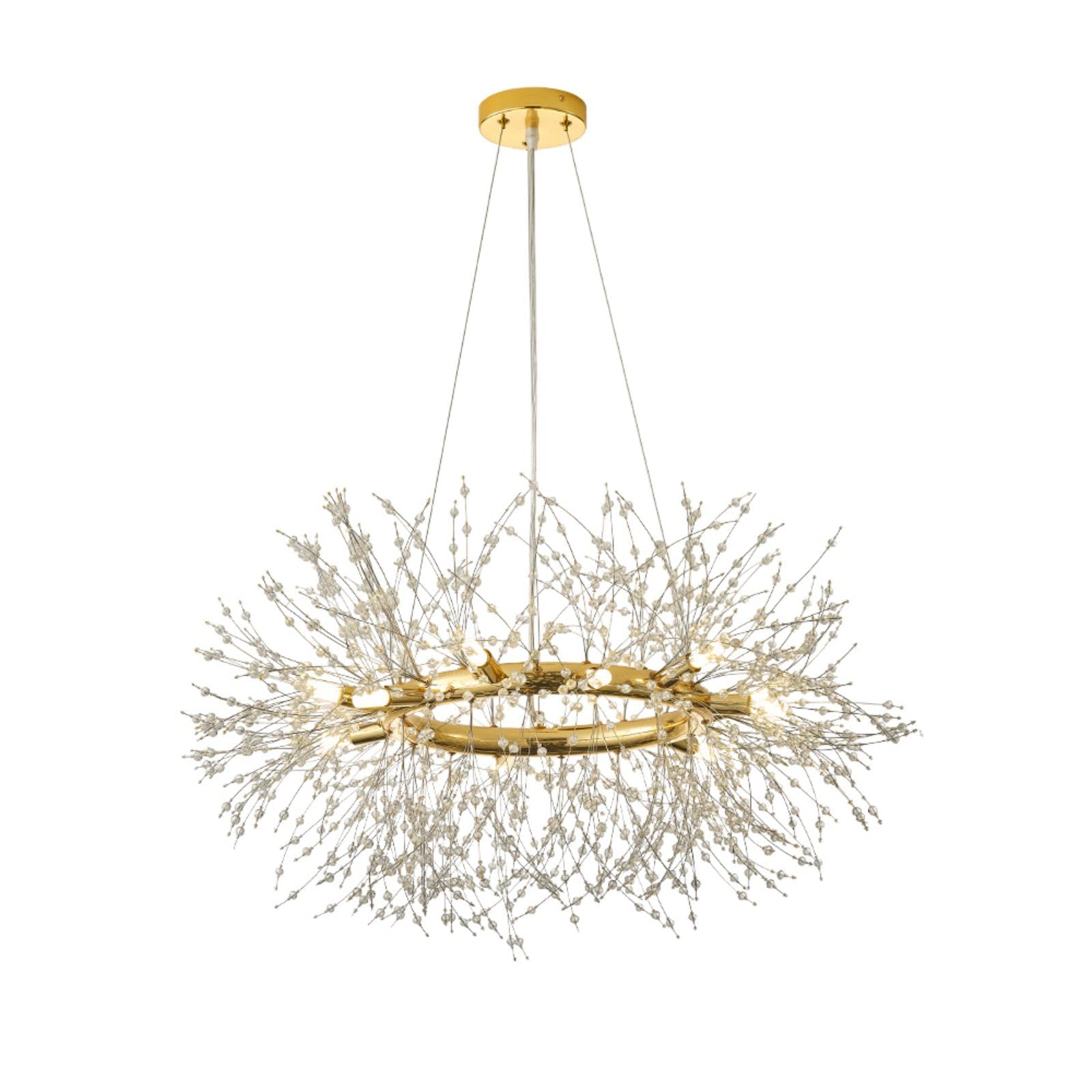 KXEcoLife 12-Lights Firework Crystal Chandelier Brushed Chandeliers for Dining Room Wagon Wheel Light Fixture Round Big Living Bedroom