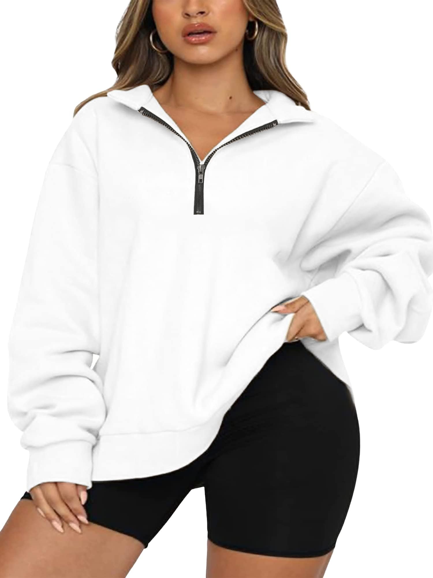 Womens Plus Size Half Zip Pullover Long Sleeve Oversized Sweatshirt Drop Shoulder Hoodie Teen Girls Solid Y2K Clothes