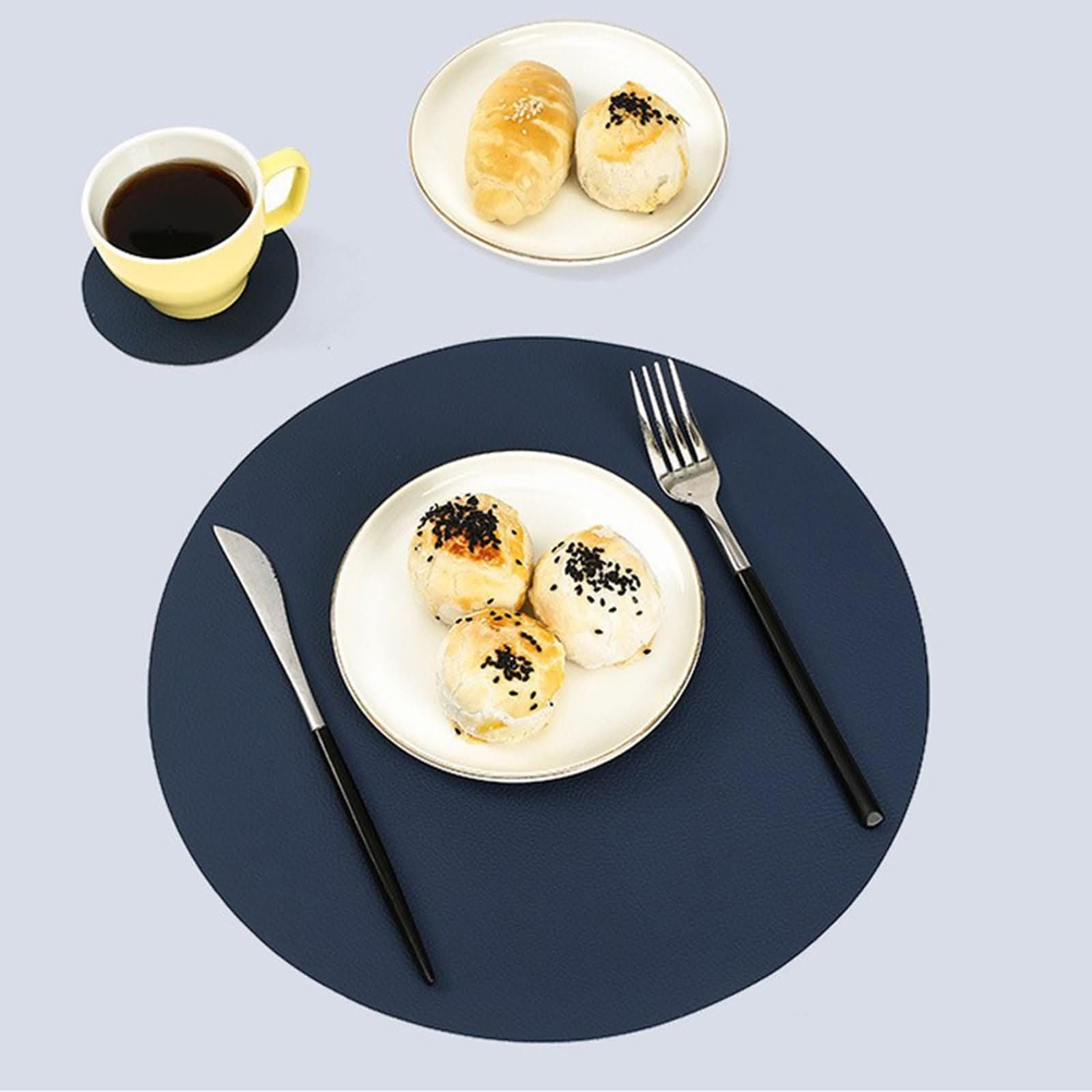 Napperon Table Salle à Manger 4 PCS, 32 CM Bleu Foncé Beige Placemats de Table Antidérapant Cuir, Couleur Unie avec Rond