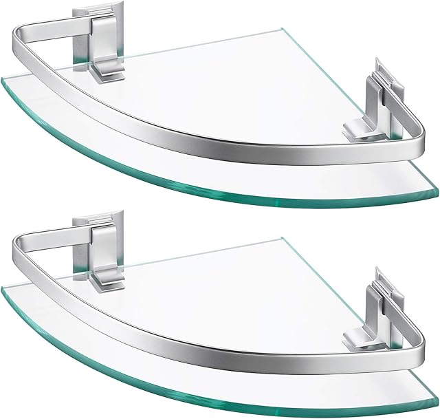 KES Aluminum Glass Bathroom Shelf Shower Corner Shelf Storage Caddy Basket 8MM Extra-Thick Tempered Glass Wall Mounted Silver 2 Pack, A4120A-P2
