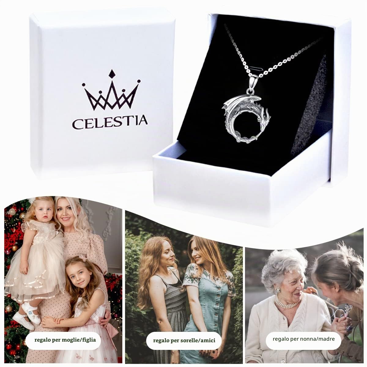 CELESTIA Donna Collana Argento 925 con Ciondolo Drago/Fenice, Fantasia Gioielleria, Idee Regalo Donna, Catena Acciaio Inossidabile