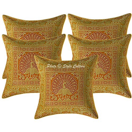 Image of Decorative Brocade Cushion Covers 16x16 Inch Banarasi Jacquard Weave Mustard Yellow & Gold Home Decor Peacock Traditional Square 40x40 cm Zippered Sofa Settee Pillowcases -Set of 5 Pcs
