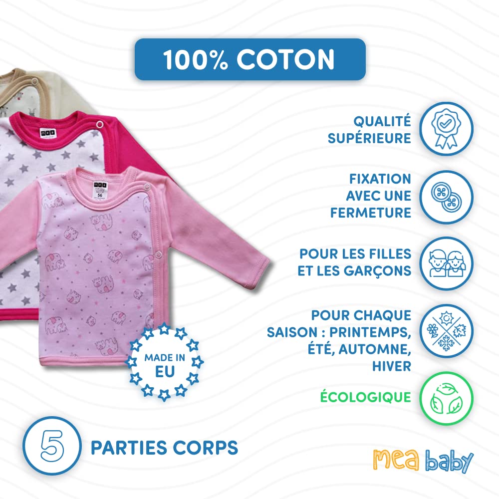 MEA BABY Bébé T-Shirt à Langer Manches Longues en Coton, Paquet de 5. Chemise à Langer bébé Fille Chemise à Langer bébé garçon (74, Fille)
