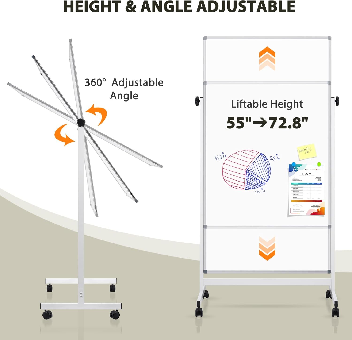 Rolling Whiteboard, 40" x 24" Magnetic Mobile White Board on Wheels, Double Sided, Height Adjustable Aluminum Frame Dry Erase Board Large Cork Bulletin Board for Office, Home, Classroom