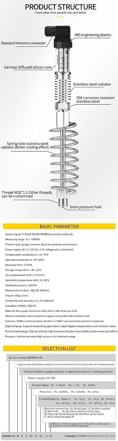High Temperature Pressure Transmitter 0-300℃ Boiler Steam Hot Water Oil Sensor 4-20mA Output 24VDC Transducer(0-0.25Mpa)