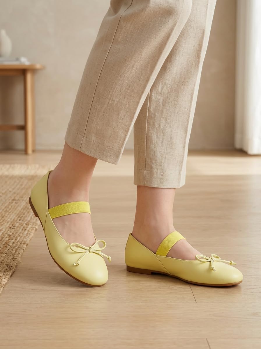 Womens Comfortable Casual Shoes - Cute Butter Yellow Mary Jane Ballet Flats Elastic Strap Slip On School Work