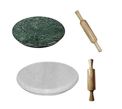 Krishna Product Marble Rolling Board/Marble Chakla and Wooden Belan/Marble Roti Maker - 9 Inch (White and Green, Pack of 2)