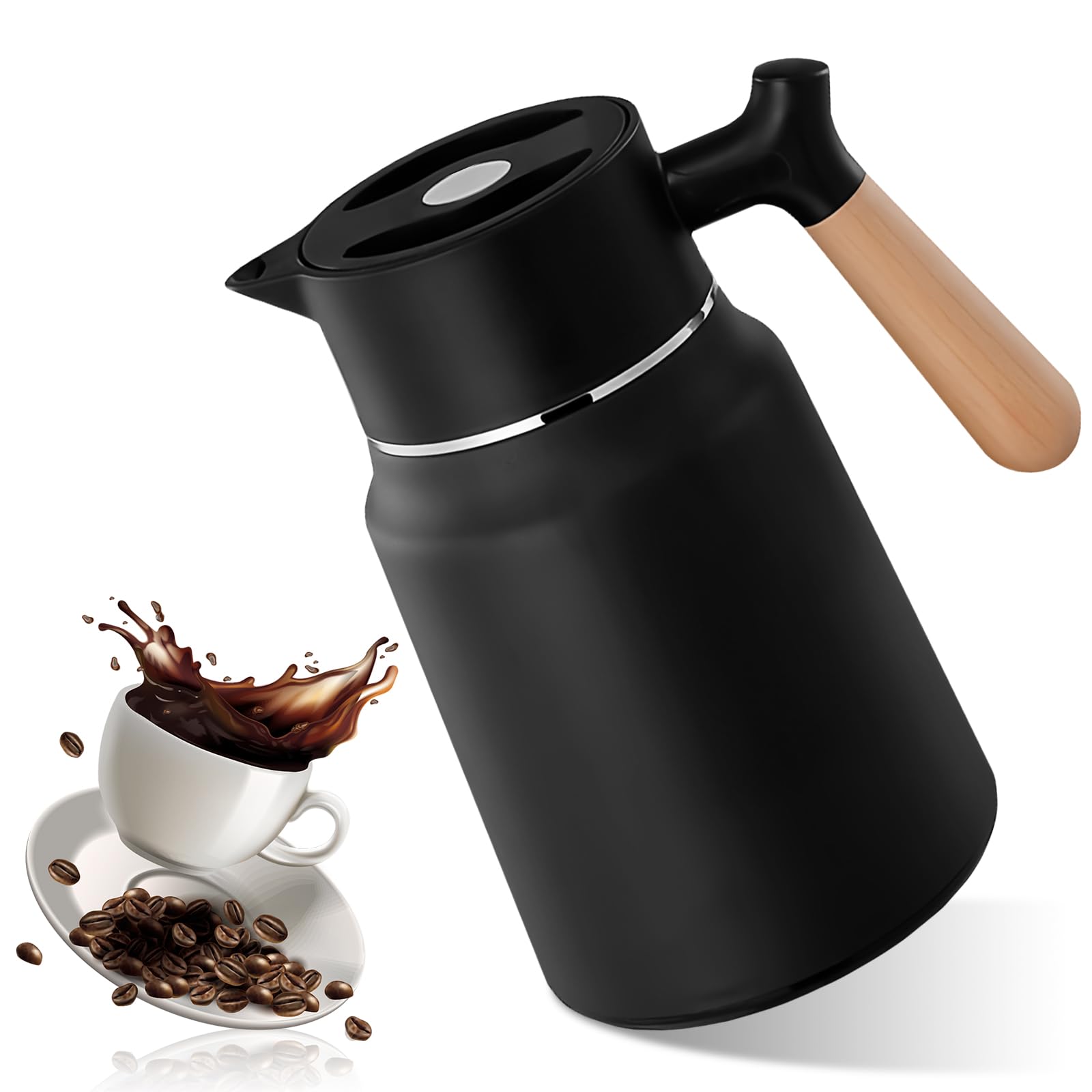 Tetera térmica de 1,5 L con elegante mango de madera y acabado de alta calidad para hogar
