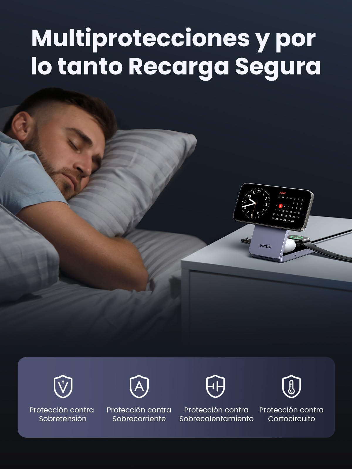 UGREEN MagFlow 3 en 1 Cargador Inalámbrico Qi2 15W Magsafe | Compatible con iPhone 17/16/15/14/13/12 Air Plus Pro Max AirPods 4/3/Pro 3/2/1 iWatch, Estación de Carga Rápida